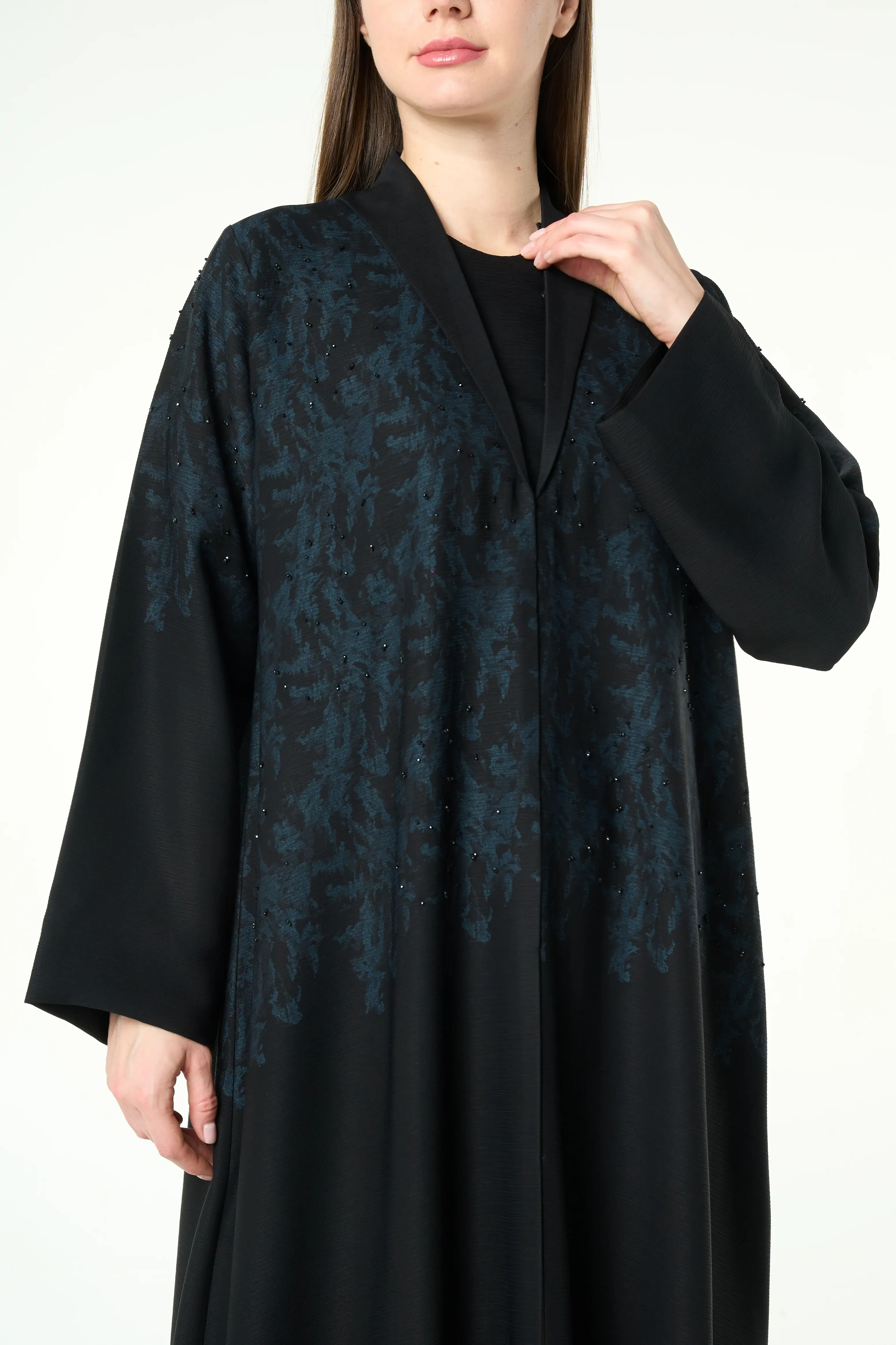 Black Shafa Crepe Abaya with Beaded Vine Detailing