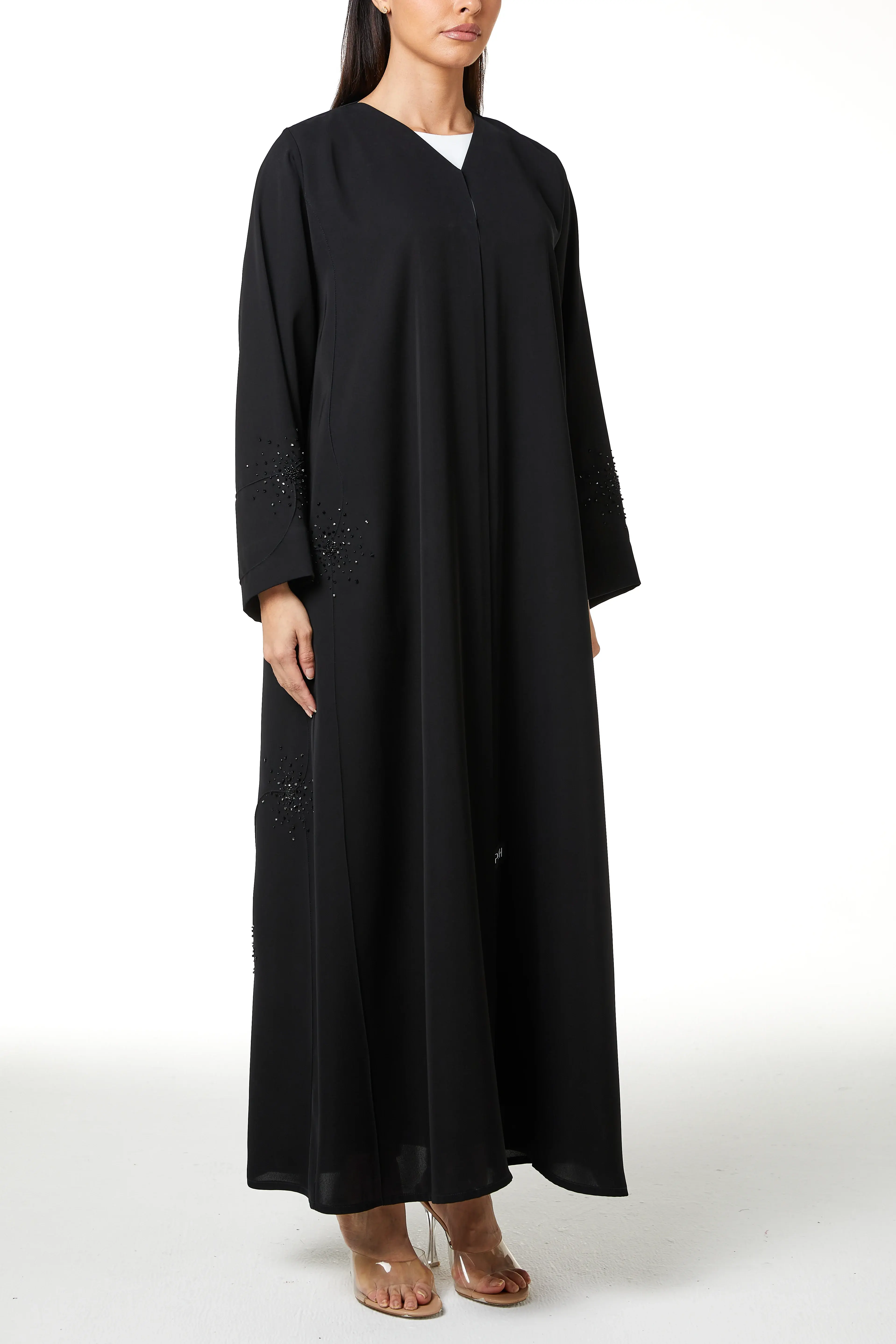 Black farasha crepe, Front Beadwork Pintuck Detail