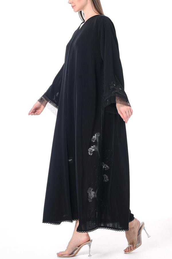 Black Royal Nada Abaya with Floral Lacework Detail