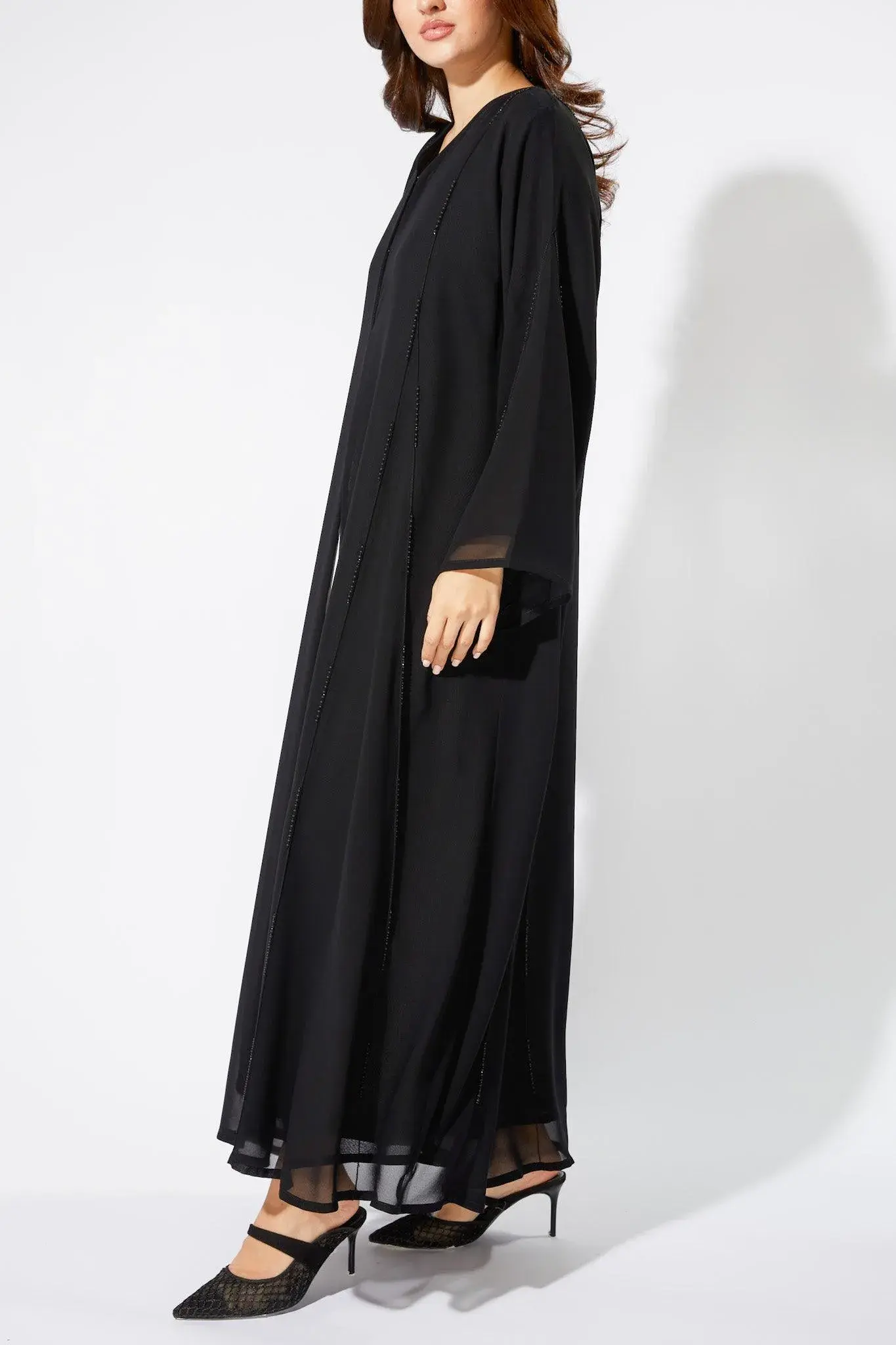 Black Chiffon Flared Custom Abaya with Beaded Pintux