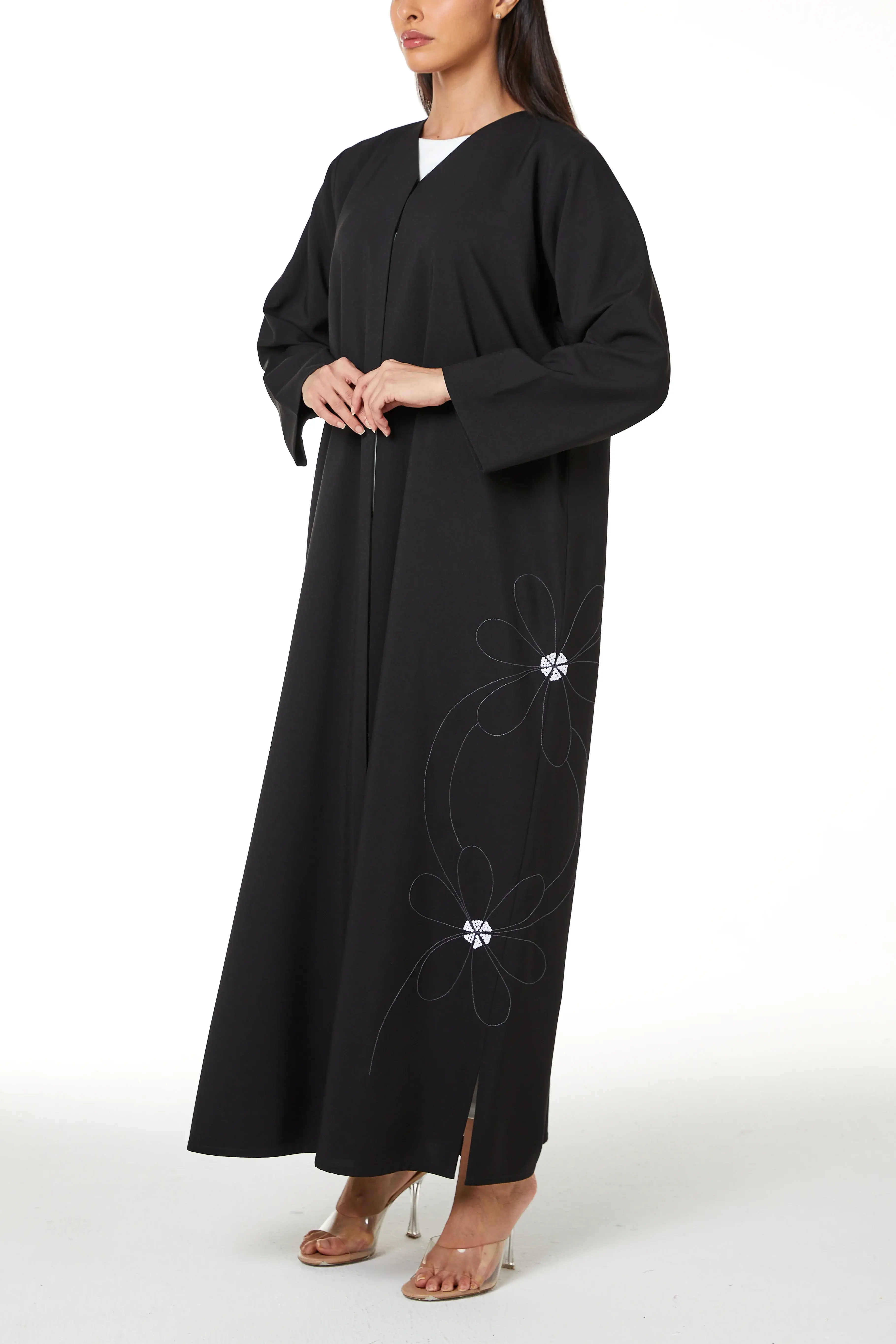 Black kadi Crepe, Side Tatreez Embroidery Detail