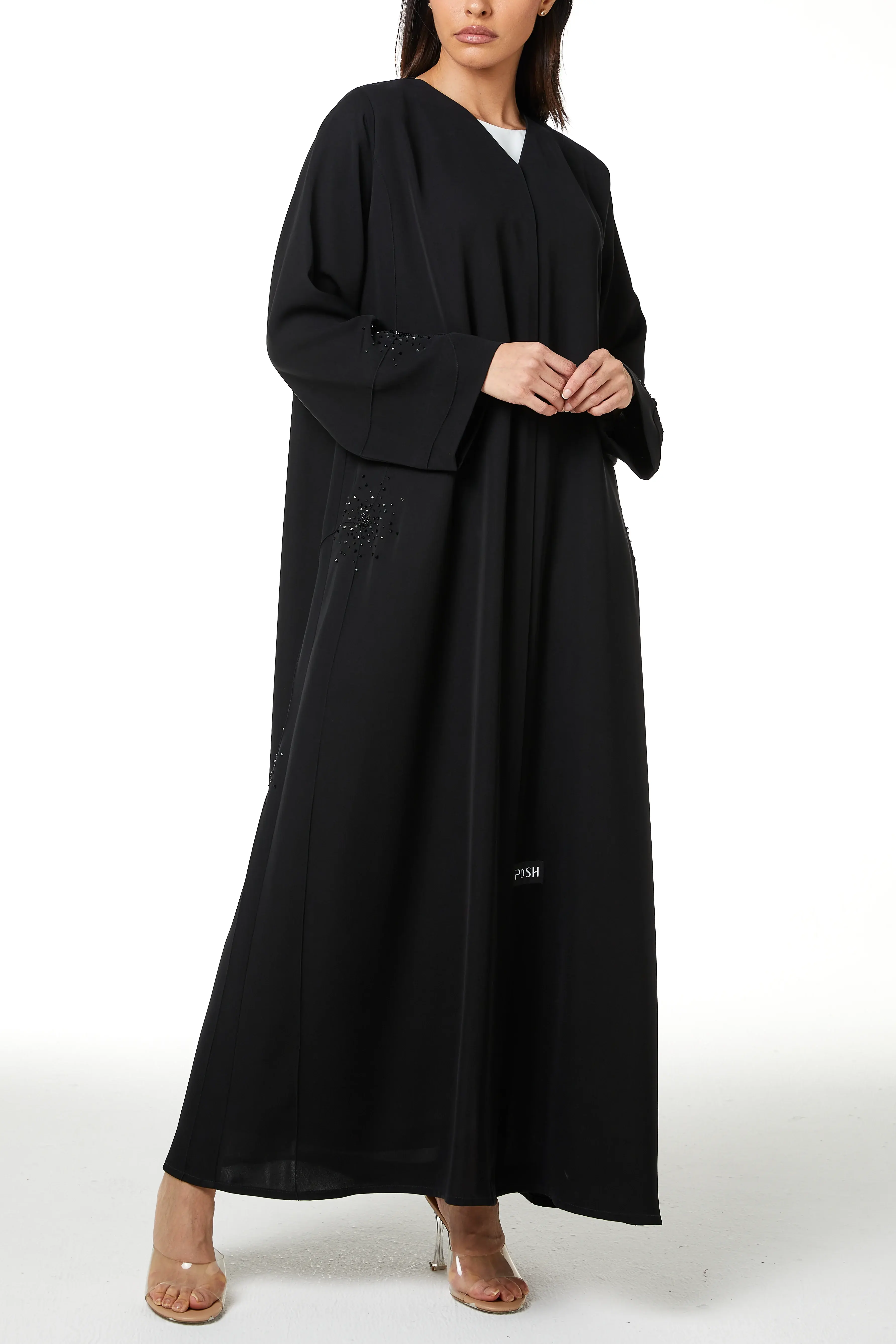 Black farasha crepe, Front Beadwork Pintuck Detail