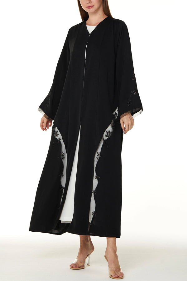 Black Royal Nada Abaya with Copper Beadwork Detail Adorned with Tulle