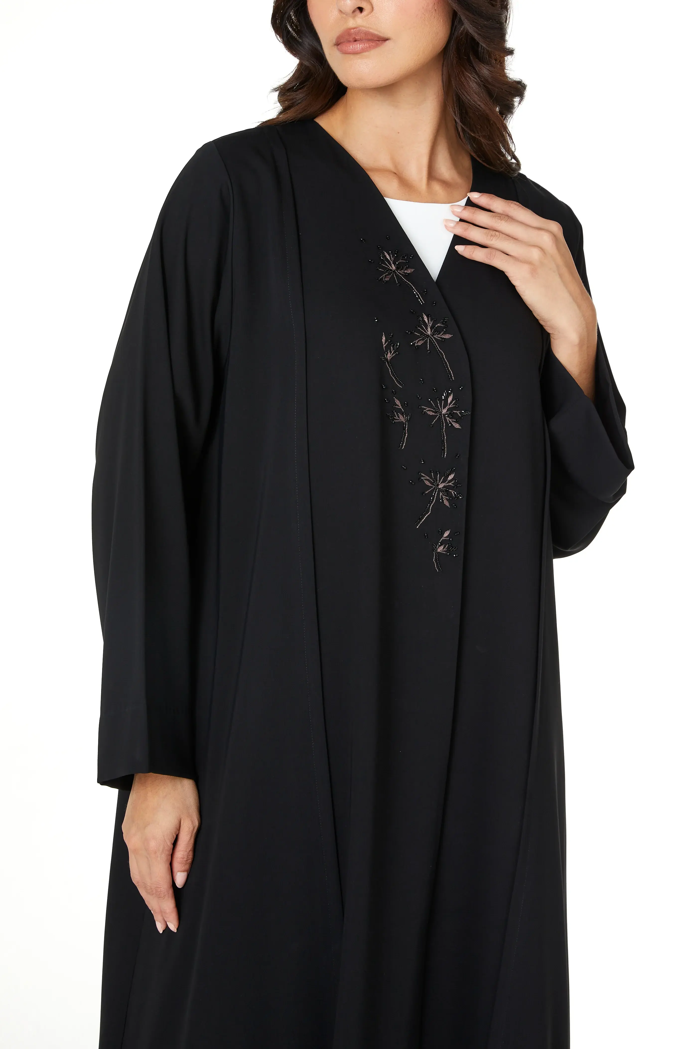 Black Layan Crepe Abaya with Front Beadwork Detail