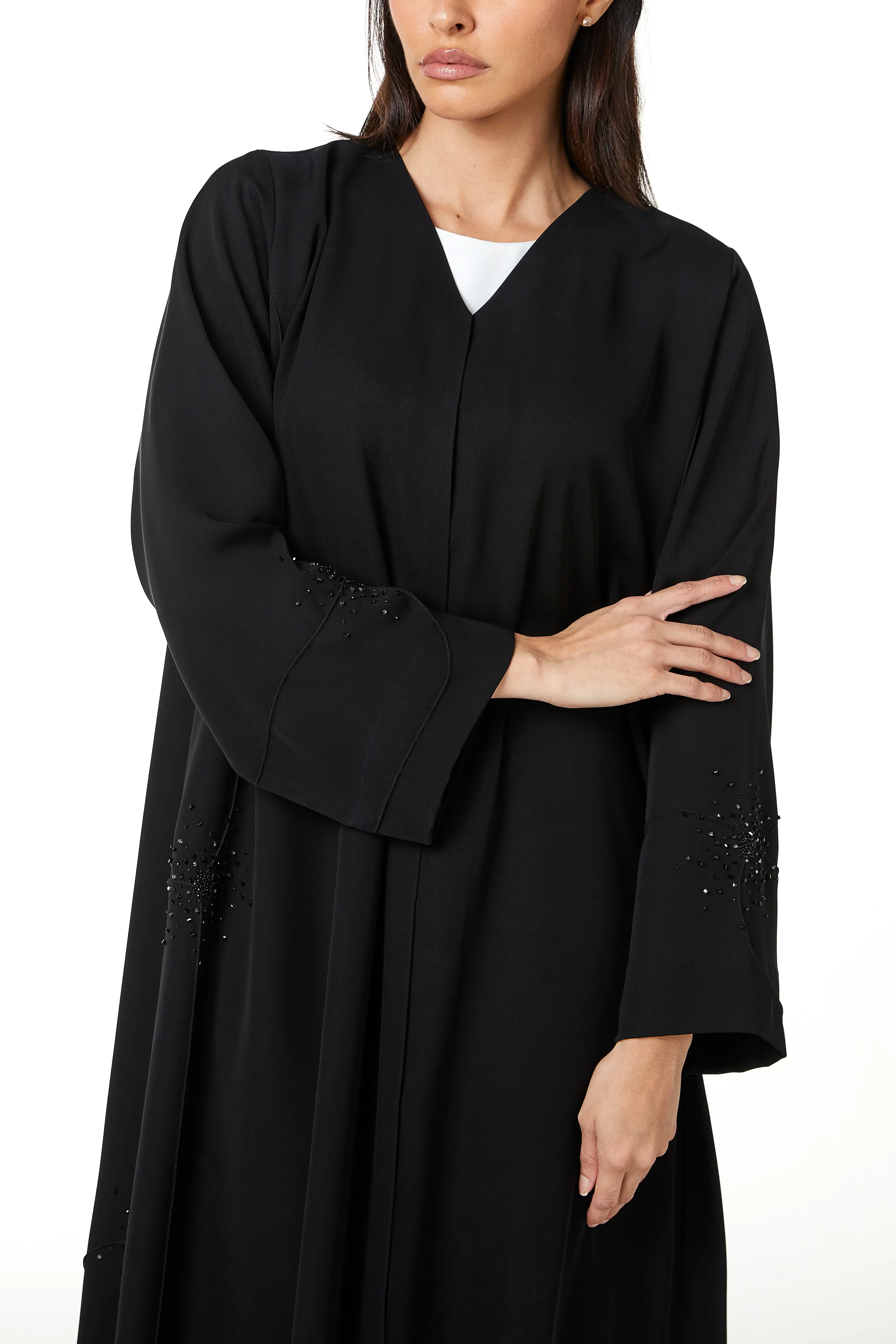 Black farasha crepe, Front Beadwork Pintuck Detail