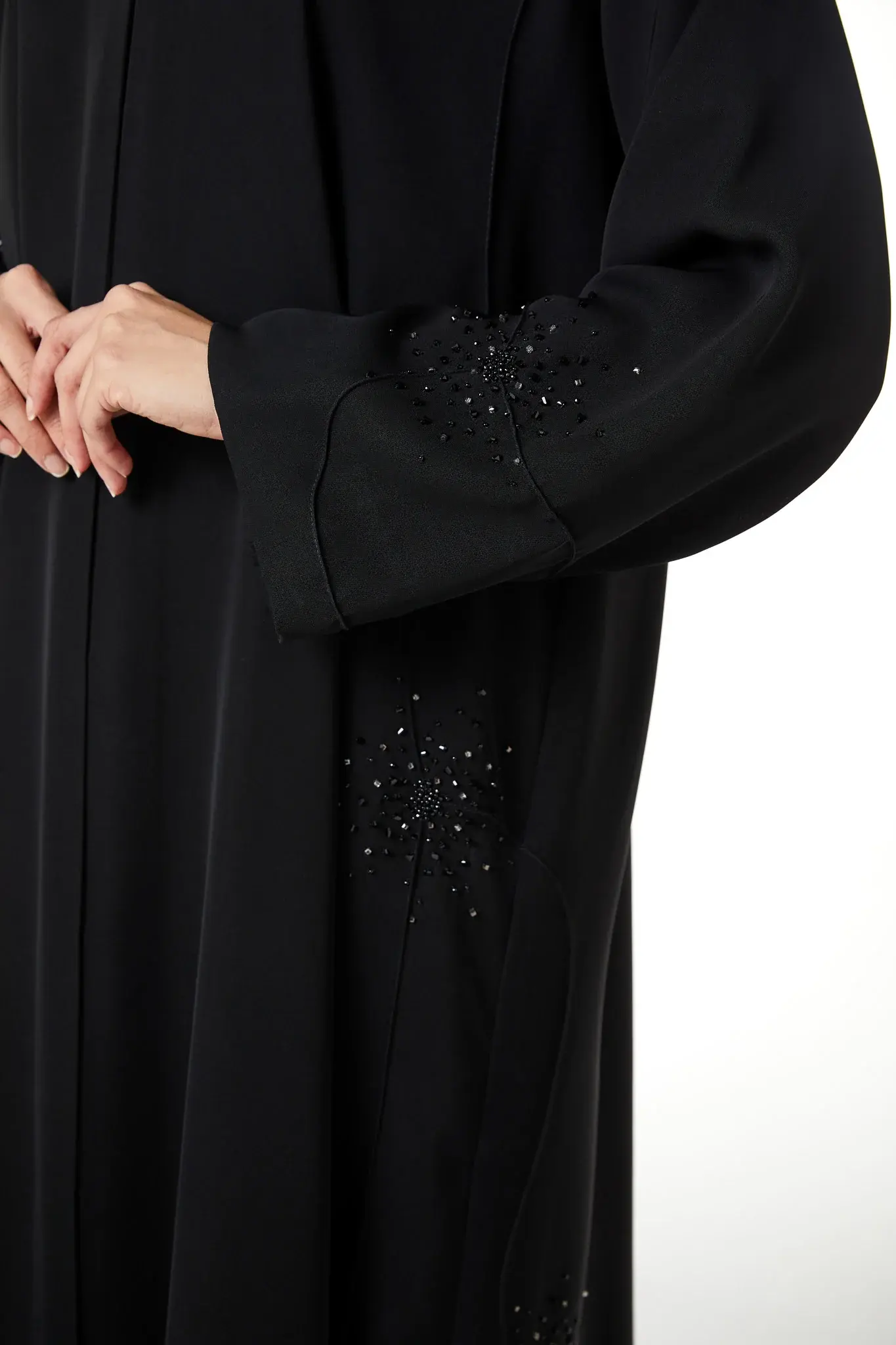 Black farasha crepe, Front Beadwork Pintuck Detail