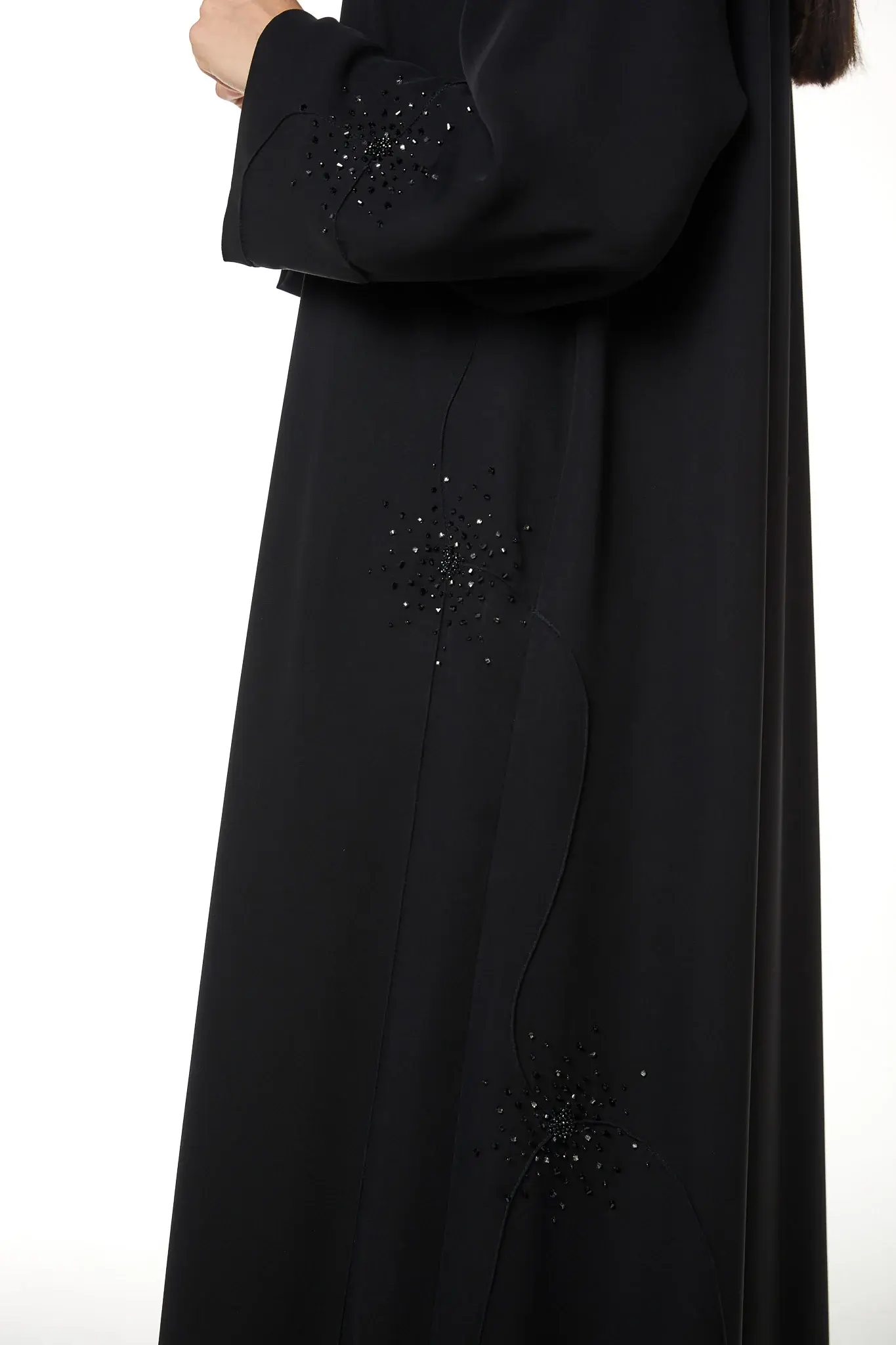 Black farasha crepe, Front Beadwork Pintuck Detail