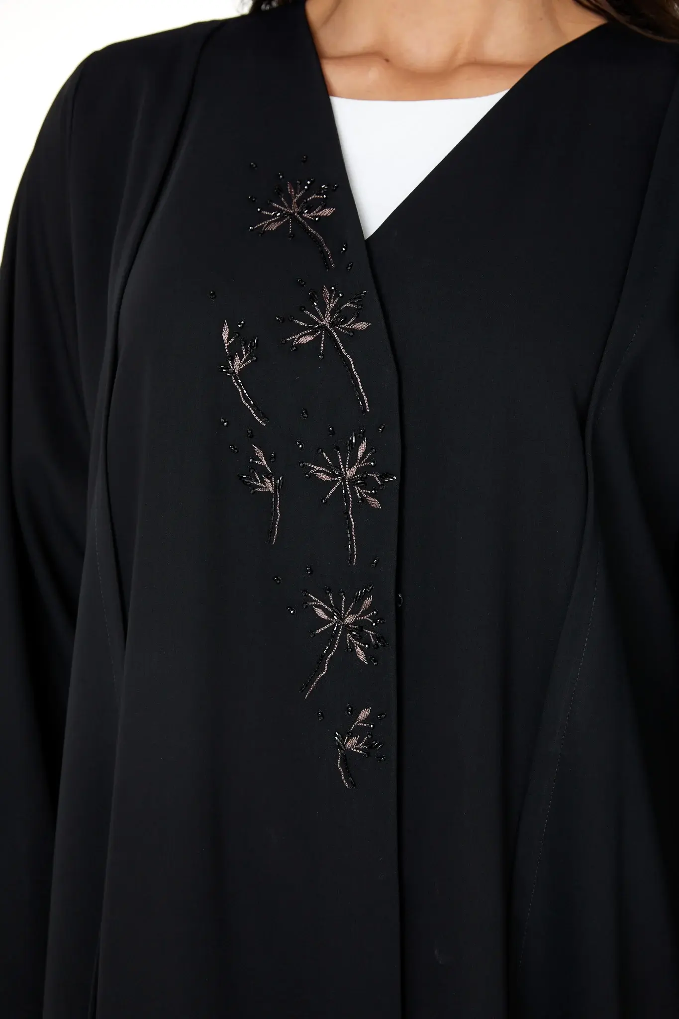 Black Layan Crepe Abaya with Front Beadwork Detail