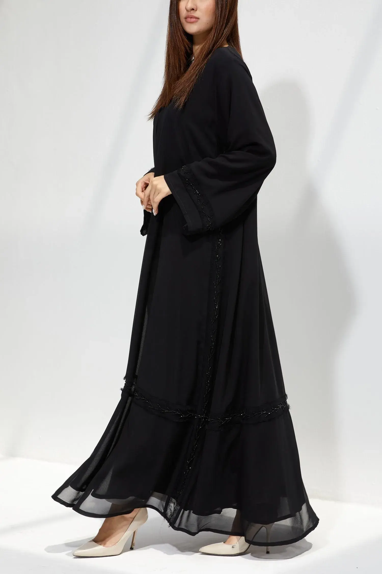 Black Chiffon Flared Custom Abaya with Front Cut and Beadwork