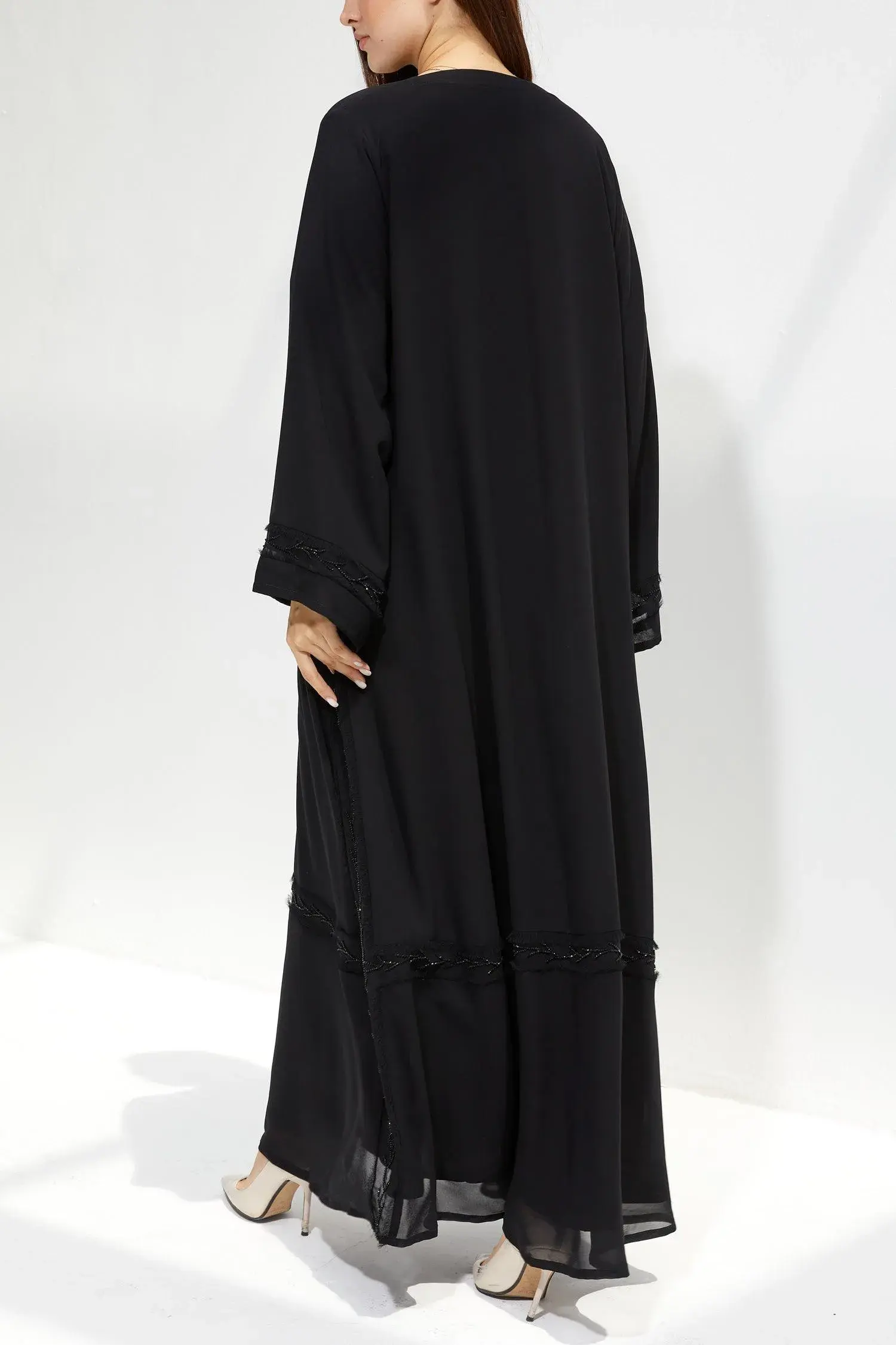 Black Chiffon Flared Custom Abaya with Front Cut and Beadwork