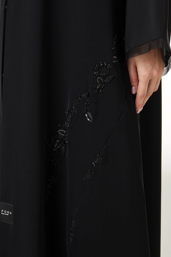 Black Royal Nada Abaya with Curvy Cuts and Floral Beadwork Detail