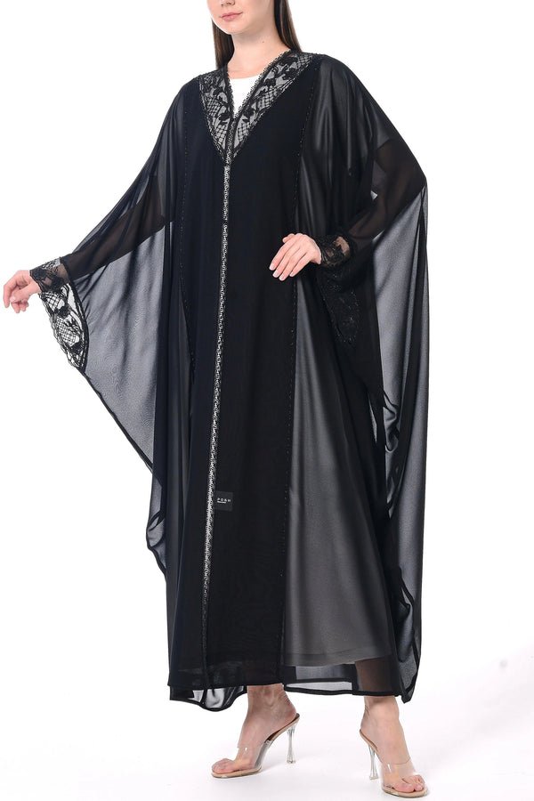Black Malika Chiffon Bahraini Abaya with Lacework Details