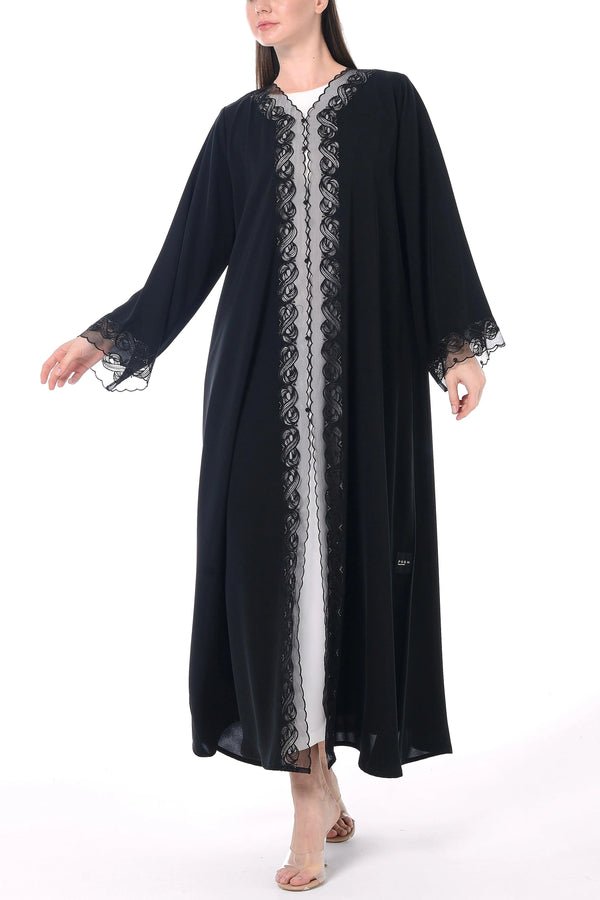 Black Royal Nada Abaya with Tulle and Front Lacework Detail