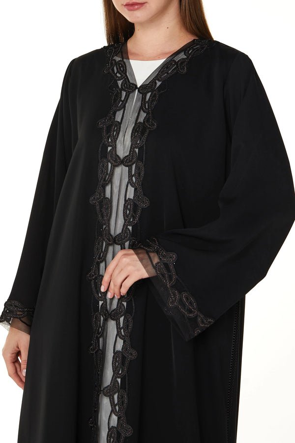 Black Royal Nada Abaya with Tulle and Copper Lacework Detail