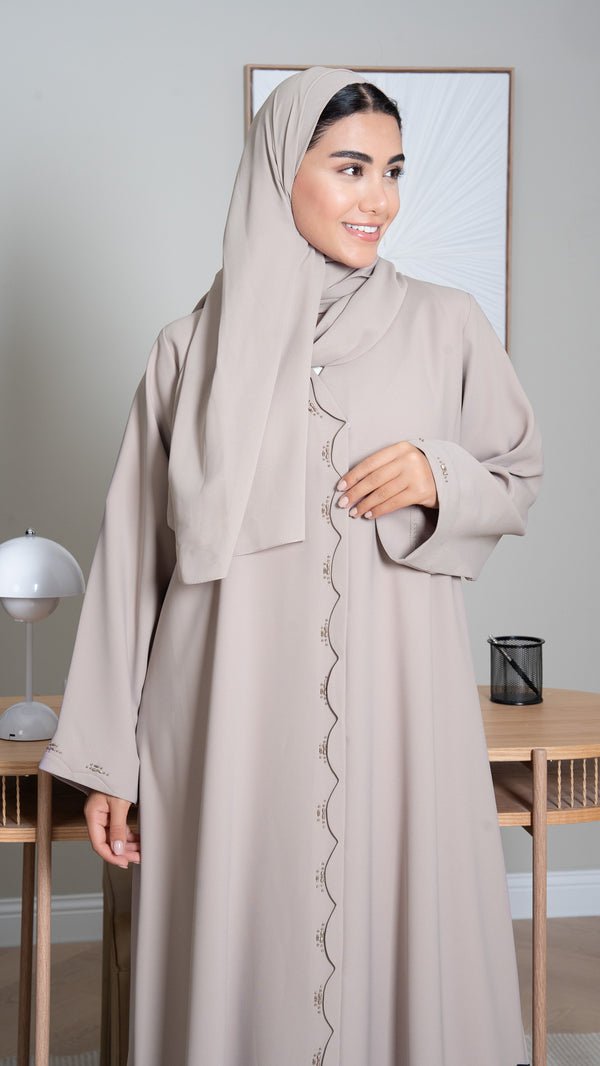 Beige Aroma Crepe Abaya with Scalloped Beadwork Panel