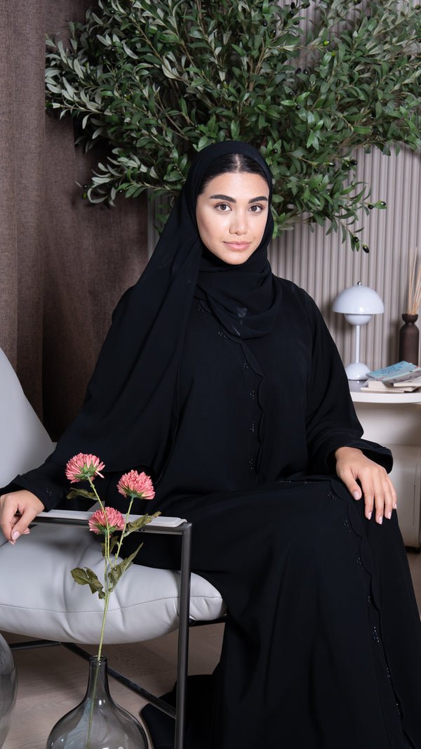 Black Reya Crepe Abaya with Scalloped Beadwork Panel