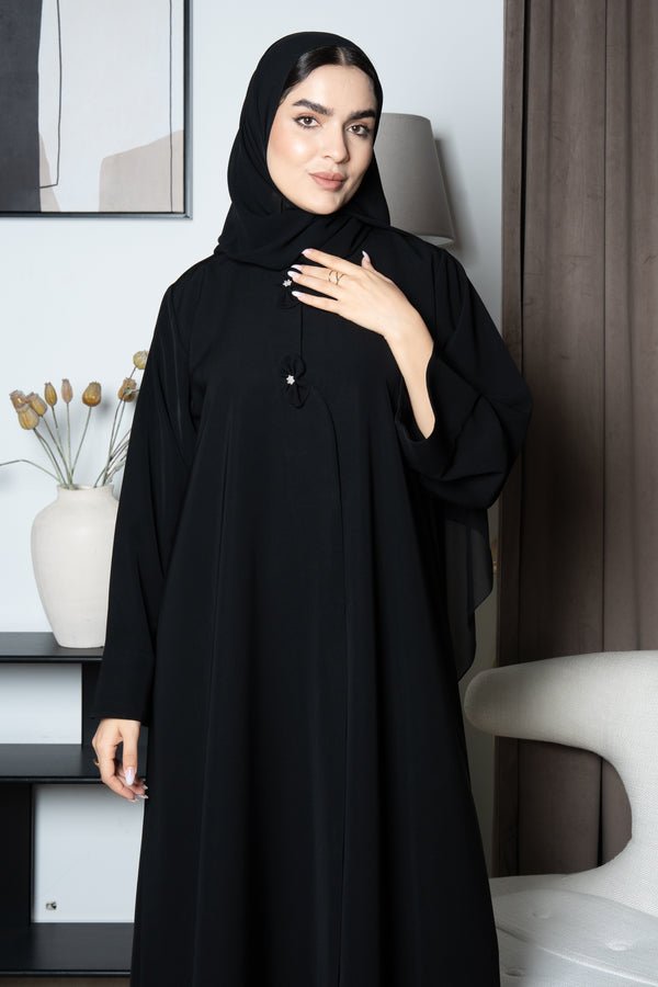 Black Reya Crepe Abaya with Decorative Bow Buttons