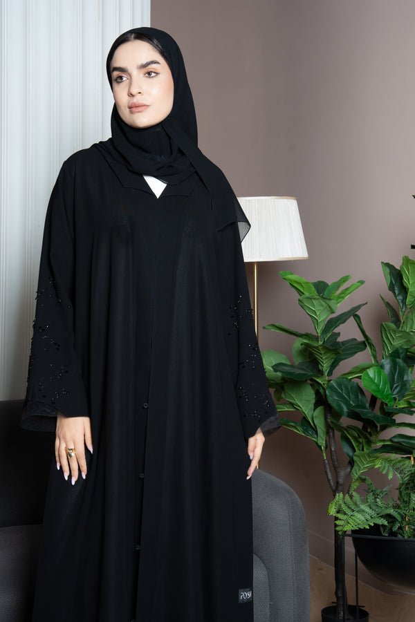 Black Shafa Crepe Abaya with Beaded Sleeve Detail