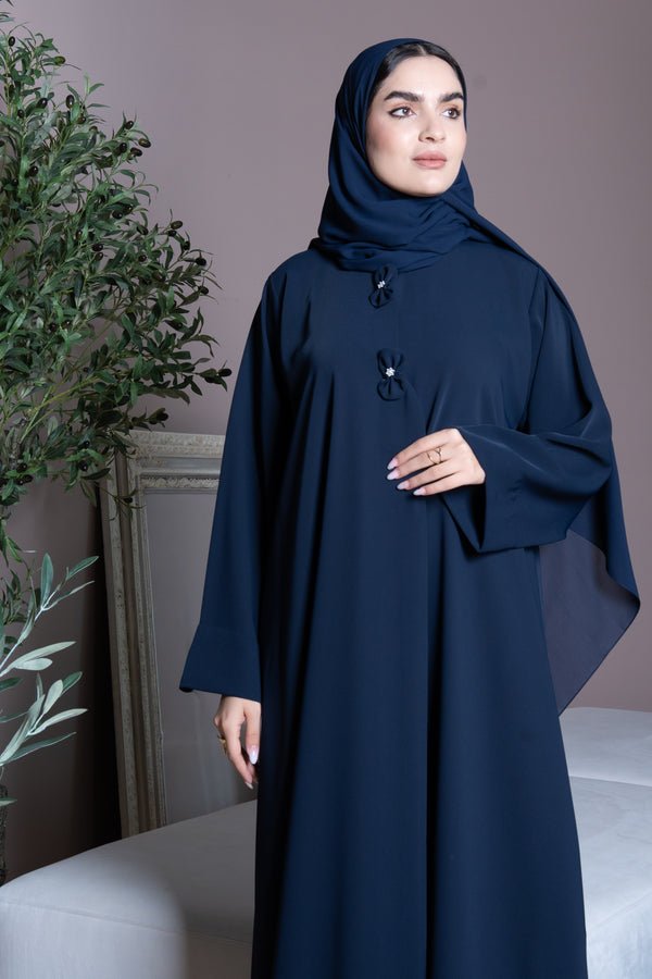 Blue Zoe Crepe Abaya with Decorative Bow Buttons