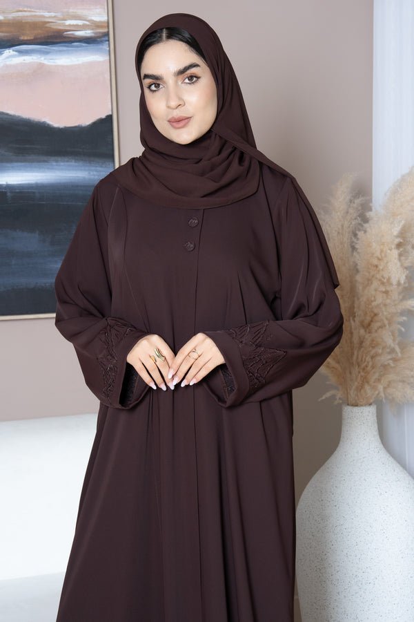 Brown Zoe Crepe Abaya with Tonal Embroidered Sleeve Detail