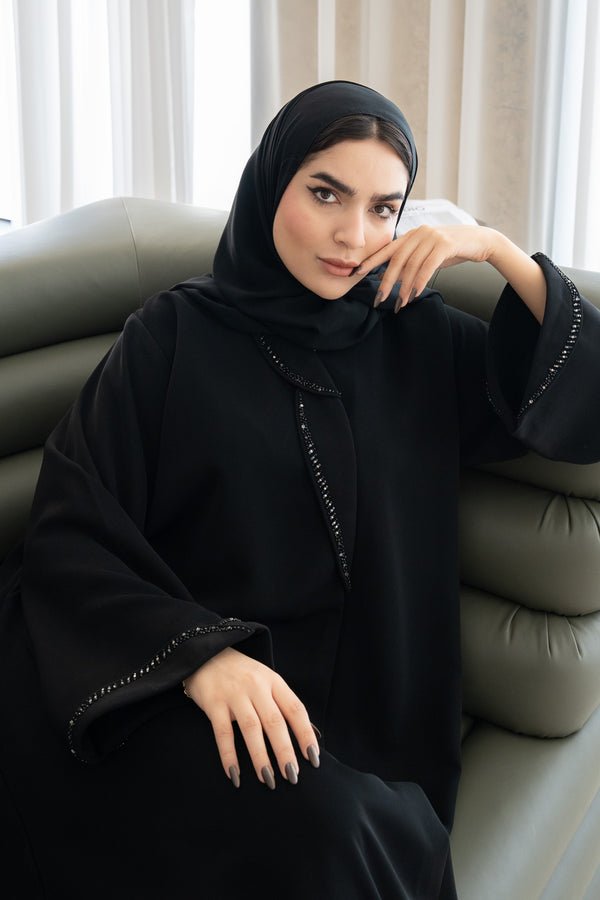 Black Reya Crepe Abaya with Beaded Trim Detailing
