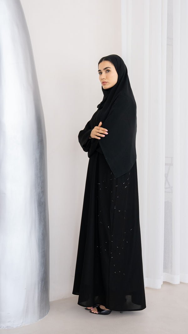 Black Shafa Crepe Abaya with Tatreez Bead Embroidery