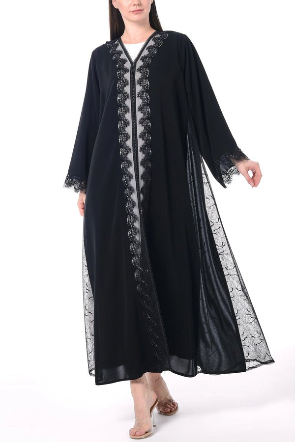 Black Royal Nada Abaya with Side French Tulle and Front Beadwork Detail