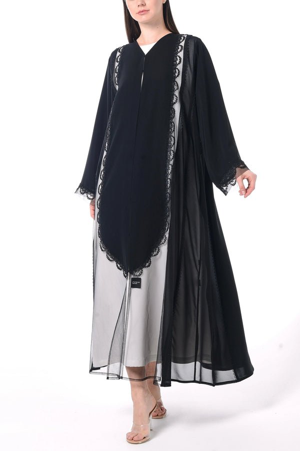 Black Royal Nada Abaya with Front Cuts Adorned by Lacework Detail