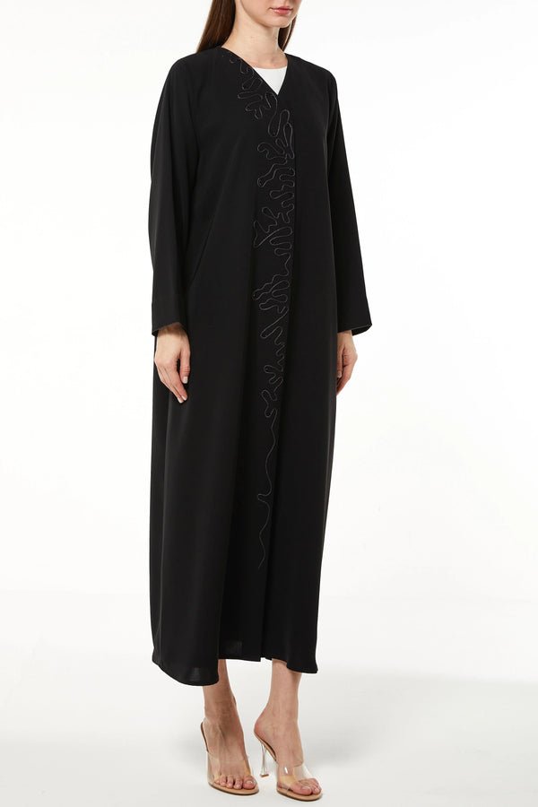 Black Aria Crepe Abaya with Asymmetric Threadwork