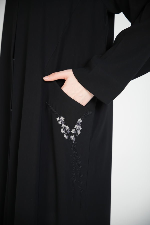 Black Wave Crepe Abaya with Front Embroidery