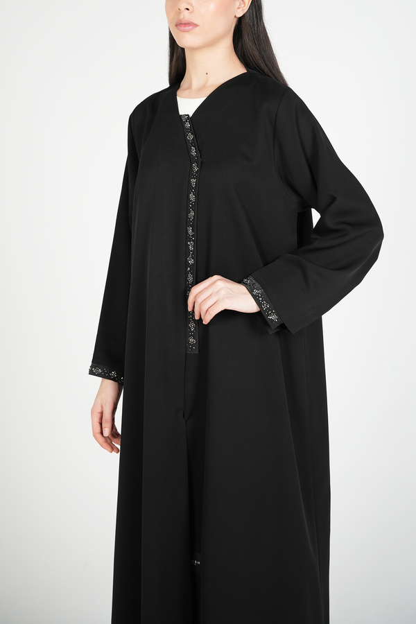 Black Emarati Crepe Abaya with Overlap Design, Organza Patch, and Beadwork