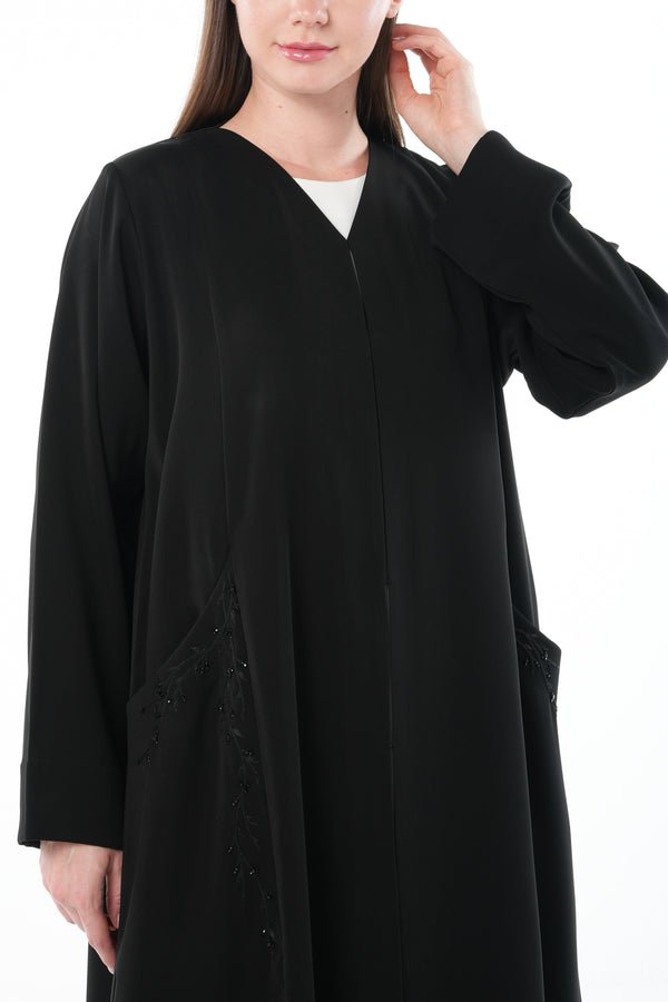 Black Amara Crepe Abaya with Hand Beadwork Accents