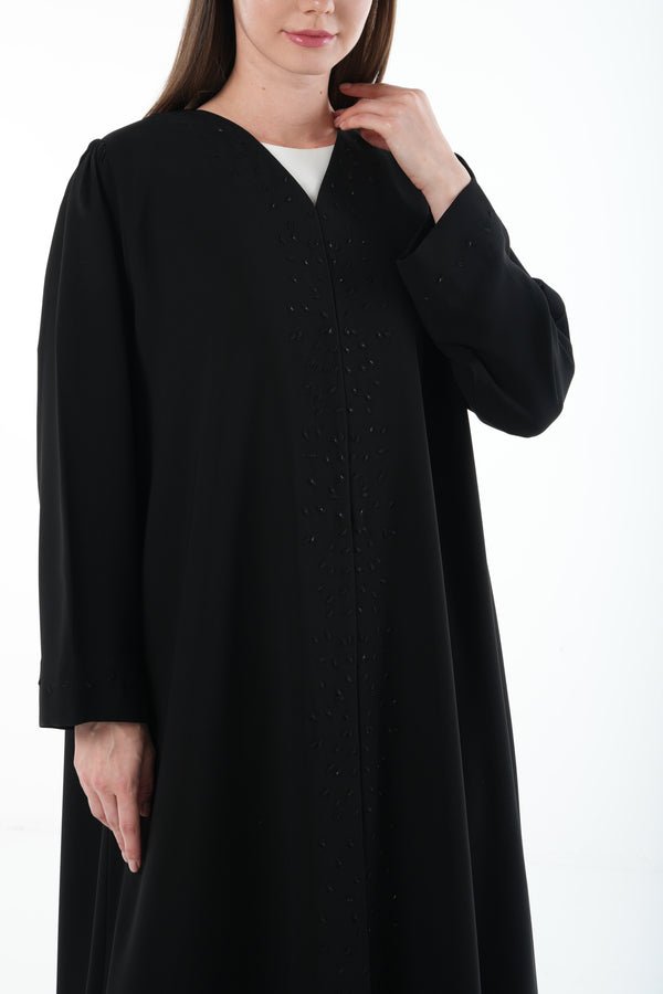 Black Wave Crepe Abaya with Beadwork Embroidery
