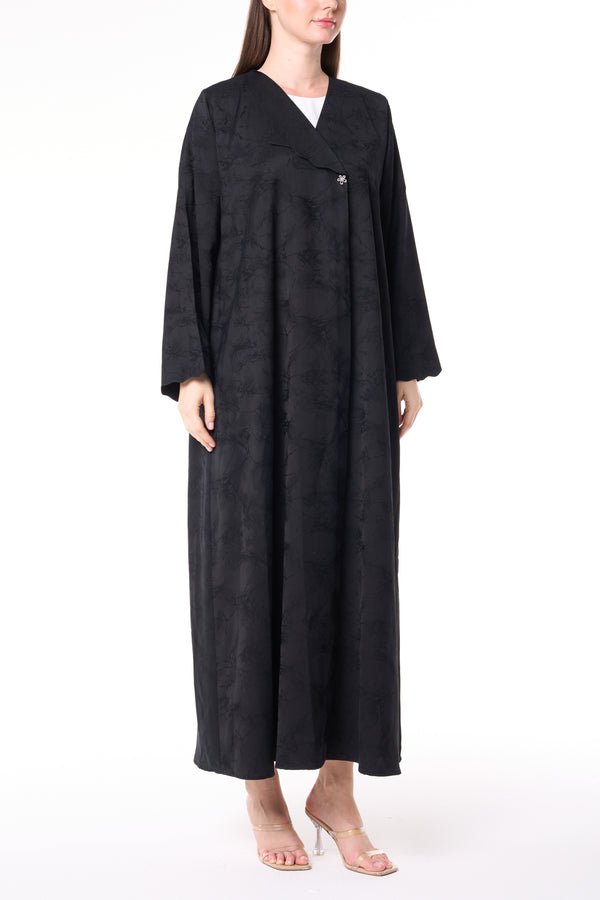 Black Jamaica Jacquard Abaya with V-Neck Collar