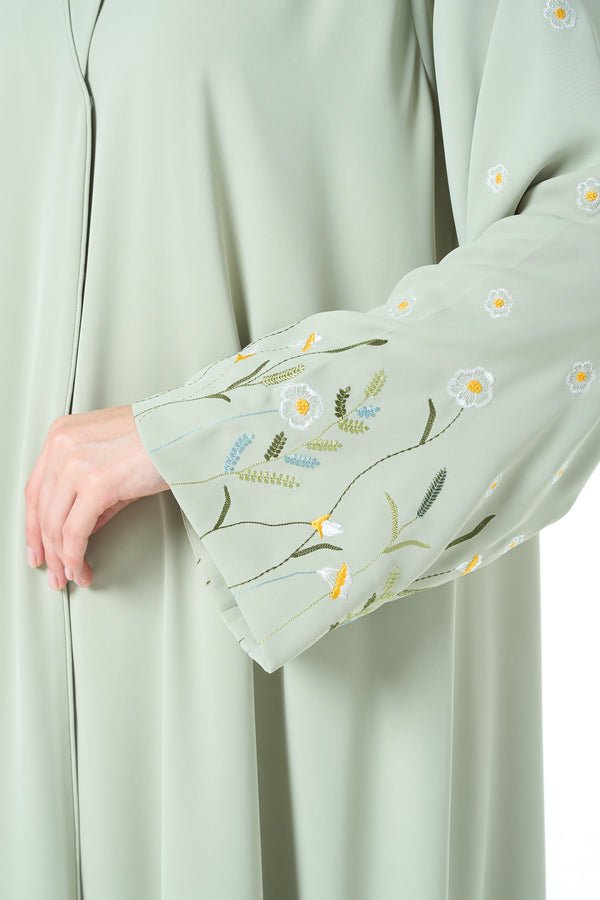 Green Rose Crepe Abaya with Sleeve Embroidery and Klosh Cut