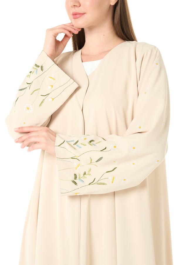 Yellow Bio Crepe Abaya with Sleeve Embroidery and Klosh Cut