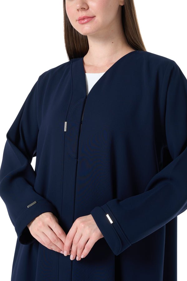 Blue Wave Crepe Abaya with Front Piping and Silver Button Detail