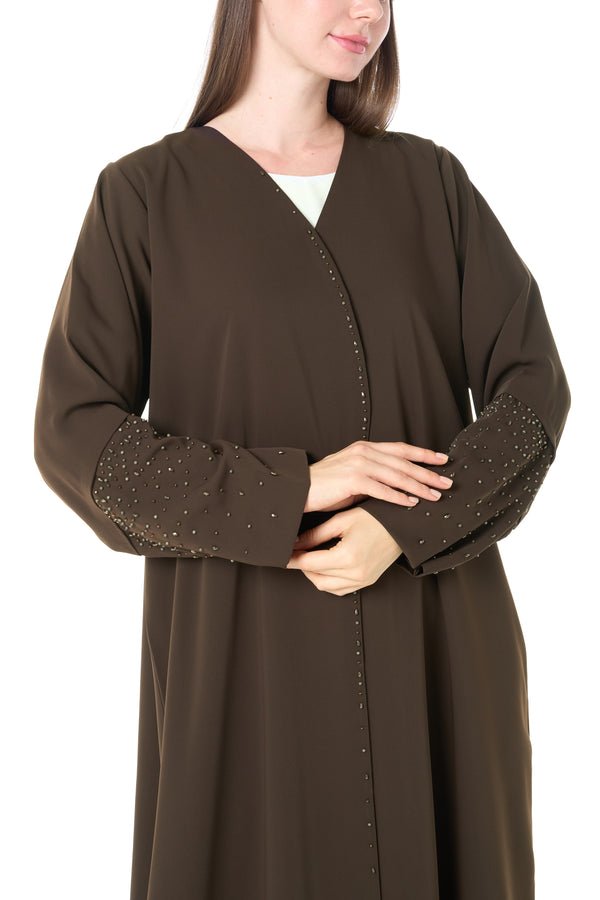Brown Zoe Crepe Abaya with Front Beadwork