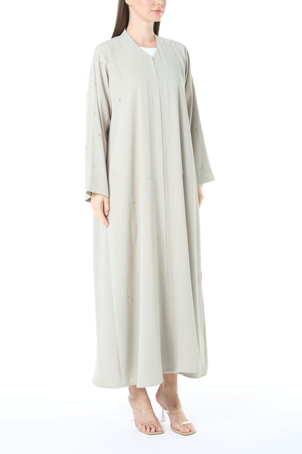 Beige Rose Crepe Abaya with Klosh Cut and Hand Beadwork Detail