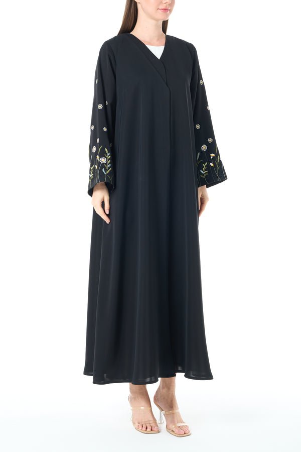 Black Reem Nada Abaya with Floral Embroidered Sleeves