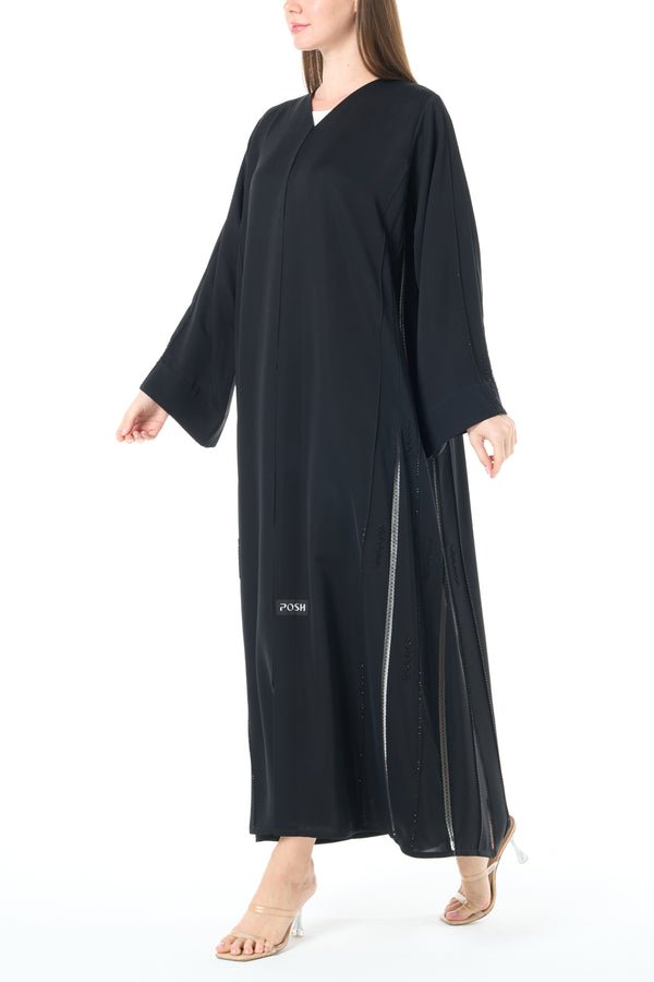 Jet Black Reem Nada Abaya with Shoulder Lace and Sleeve Tyre Detail