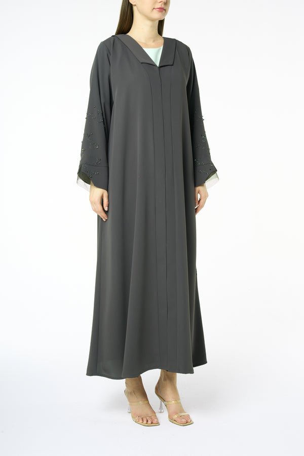 Green Zoe Crepe Abaya with Beaded Sleeve Detail