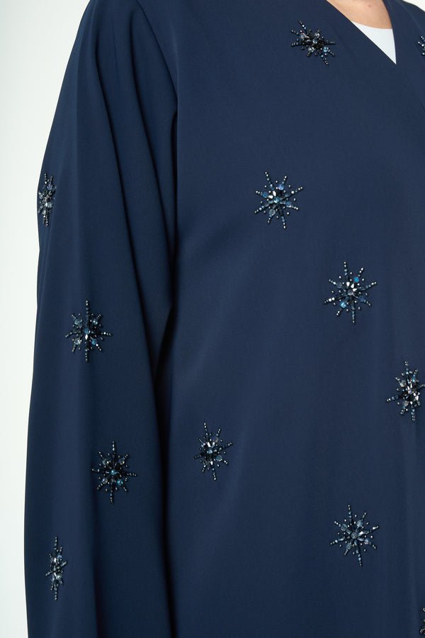 Blue Reya Crepe Abaya with Starburst Beadwork