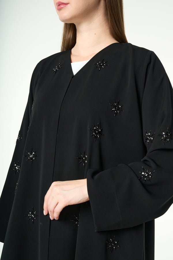 Black Reya Crepe Abaya with Starburst Beadwork