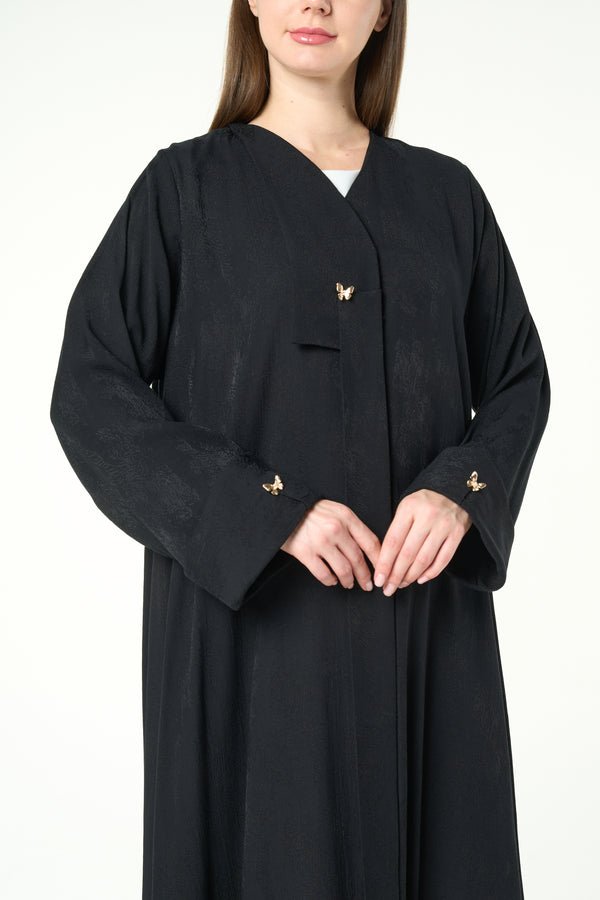 Black Fiona Jacquard Abaya with Butterfly Accent Buttons