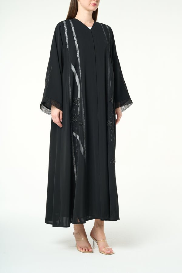 Black Royal Nada Abaya with Embellished Flow Lines