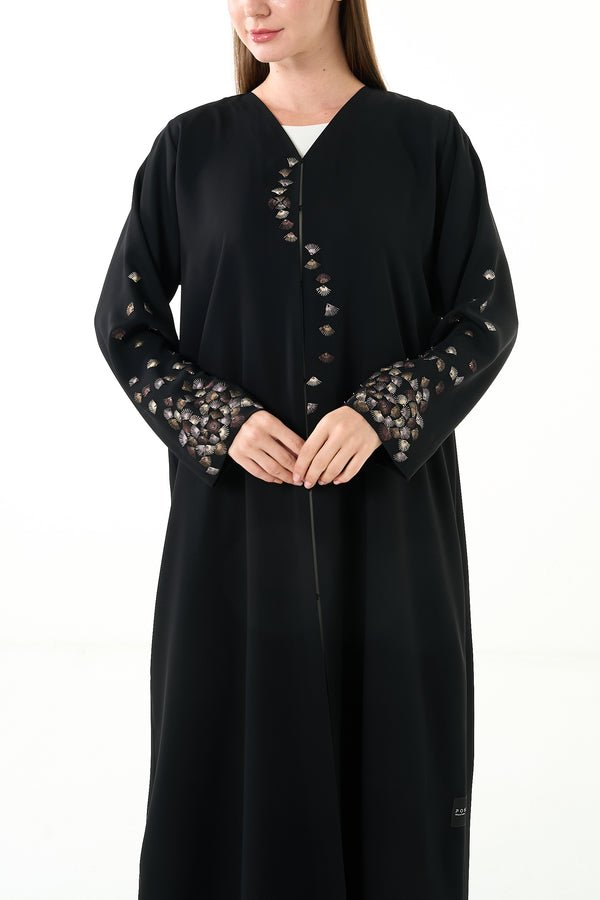 Black Farasha Crepe Abaya with Front and Sleeve Threadwork Detail
