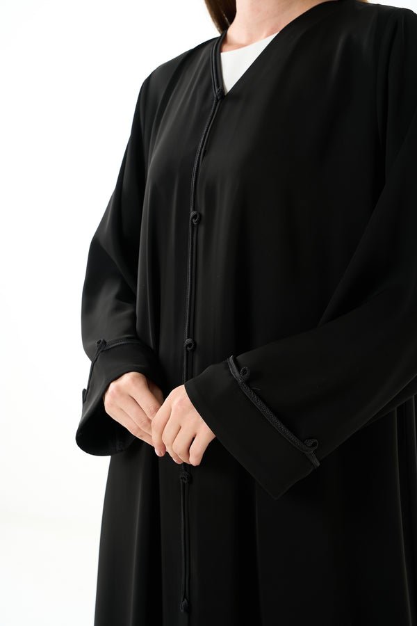 Black Aria Crepe Abaya with Front Dori Lace Detail