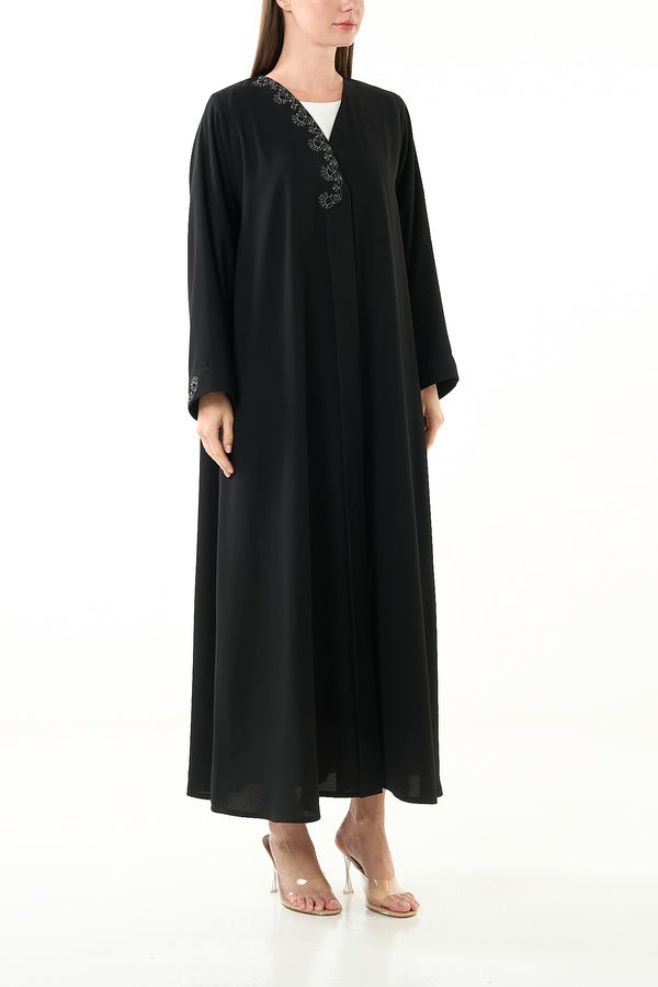 Black Luma Crepe Abaya with Klosh Cut and Embroidered Front Detail