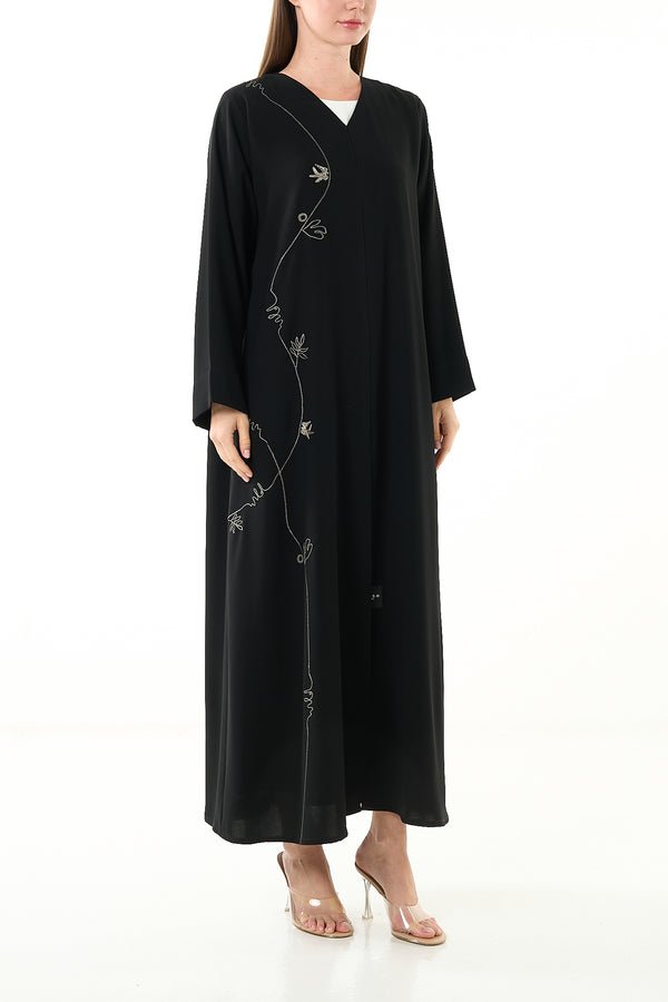 Black Jaime Crepe Abaya with Klosh Cut and Front Embroidery Detail